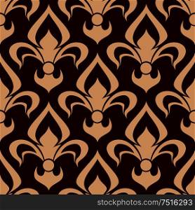Vintage fleur-de-lis seamless pattern of bold beige floral ornament with bulb shaped buds and curved leaves on brown background. Medieval interior, fabric and embellishment design . Brown fleur-de-lis seamless floral pattern