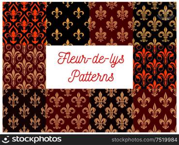 Vintage fleur-de-lis seamless patterns with set of floral ornaments with french royal lily flowers and leaf scroll. Wallpaper and interior accessories design. Fleur-de-lis floral seamless patterns set
