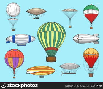 Vintage flights airships. Vintage flights airships. Vector retro dirigibles and hot air balloons isolated on blue background