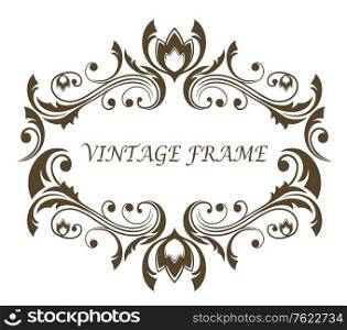 Vintage floral and foliate frame with symmetrical scrolling foliage around a blank central cartouche with copyspace, black and white vector