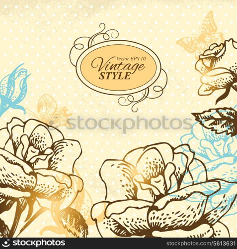 Vintage floral background. Hand drawn illustration of roses and butterflies&#x9;