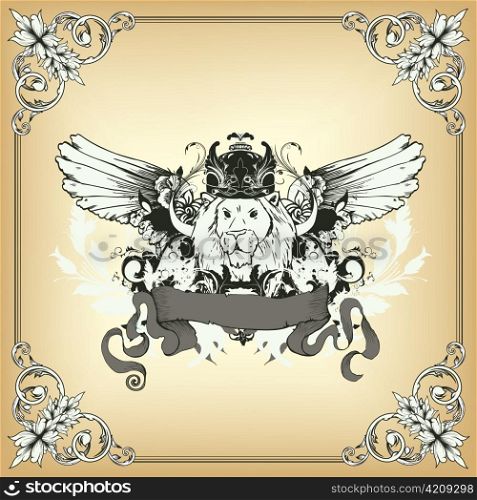 vintage floral background with lion, crown, and wings