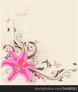 vintage floral background with pink lily and ornament