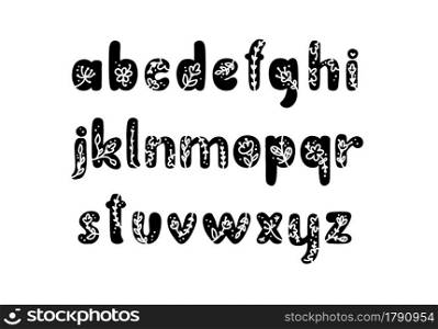 Vintage floral bold Letters alphabet logo spring. Classic lowercase abc Summer Letter. Design Vector with Black Color and Floral Hand Drawn with monoline white strokes.. Vintage floral bold Letters alphabet logo spring. Classic lowercase abc Summer Letter. Design Vector with Black Color and Floral Hand Drawn with monoline white strokes