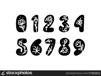 Vintage floral bold Number alphabet logo spring. Classic lowercase Summer Numbers. Design Vector with Black Color and Floral Hand Drawn with monoline white strokes.. Vintage floral bold Number alphabet logo spring. Classic lowercase Summer Numbers. Design Vector with Black Color and Floral Hand Drawn with monoline white strokes