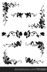 Vintage floral borders with blooming rose vines, adorned by lush flowers and dainty buds. Retro style dividers and corners. Floral borders with blooming rose flowers