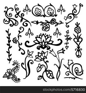Vintage floral calligraphic black decorative elements sketch set with flowers isolated vector illustration