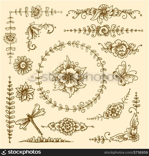 Vintage floral calligraphic decorative elements sketch set with flowers and butterflies isolated vector illustration