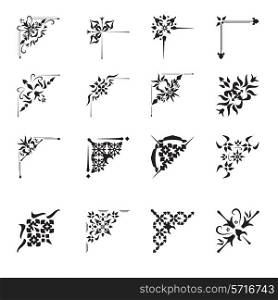 Vintage floral calligraphic floral vignette scroll corners ornamental design elements black set isolated vector illustration