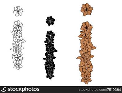 Vintage floral capital letter I with brown flowers, adorned by tendrils and leaves, with colorless and black color variations. Isolated on white