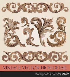 Vintage floral elements pack. Flourish ornament border. High detail vector. Royal style ornate.