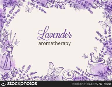 Vintage floral frame with purple lavender flowers and butterflies. Spa and aromatherapy ingredients. Hand drawn vector background.