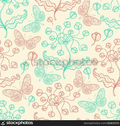 Vintage floral hand drawn seamless pattern with flowers and butterflies