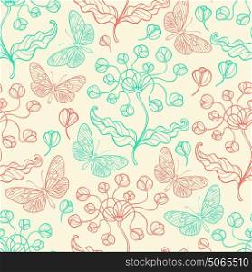 Vintage floral hand drawn seamless pattern with flowers and butterflies