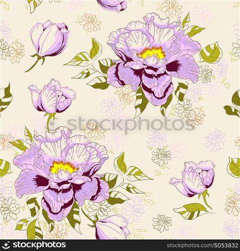 Vintage floral hand drawn seamless pattern with peony flowers