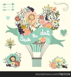 Vintage floral hot air balloon. Wedding graphic set with flowers elements, arrows and hearts