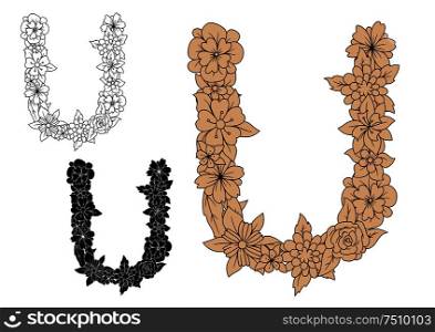 Vintage floral letter U with outline flower shapes. For retro style alphabet and font design. Retro floral letter U with flower shapes