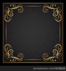 Vintage floral ornament border, Hand drawn decorative element, vector illustration of gold floral frame with black background, Retro design template for page decoration cards, wedding, banner