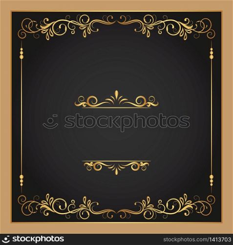 Vintage floral ornament border, Hand drawn decorative element, vector illustration of gold floral frame with black background, Retro design template for page decoration cards, wedding, banner
