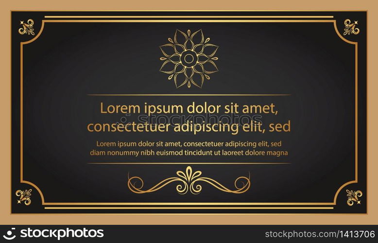 Vintage floral ornament border, Hand drawn decorative element, vector illustration of gold floral frame with black background, Retro design template for page decoration cards, wedding, banner