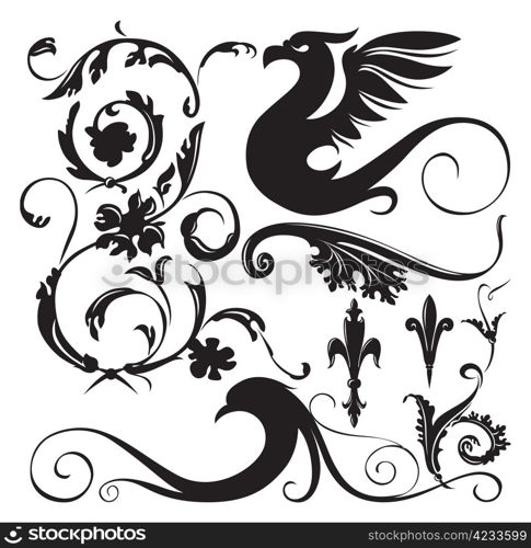 Vintage floral ornaments with decorative winged dragon. Vector illustration.