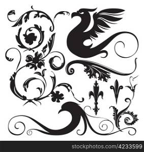 Vintage floral ornaments with decorative winged dragon. Vector illustration.