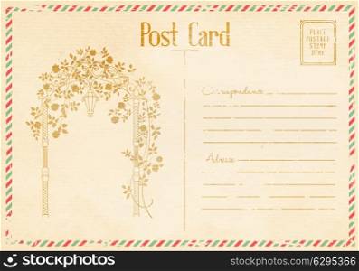 Vintage floral postcard with roses arch. Vector illustration.