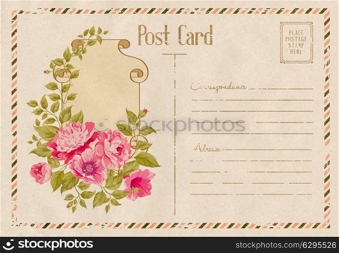 Vintage floral postcard with roses frame. Vector illustration.