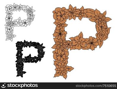 Vintage floral uppercase letter P with elegant flowers and field herbs. For font or monogram design in outline and black color variations. Vintage floral uppercase letter P