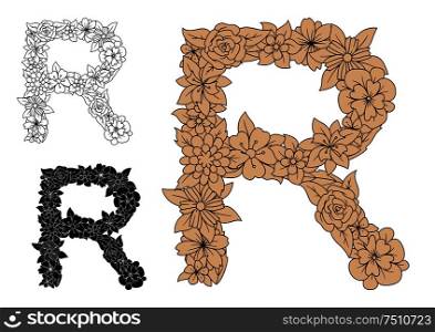 Vintage floral uppercase letter R, decorated by ornate brown flowers and lush foliage. Romantic font or monogram design. Brown vintage floral uppercase letter R