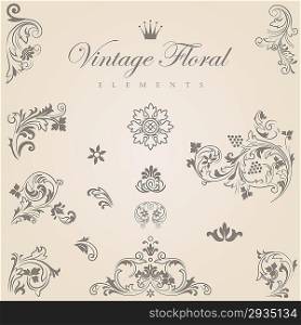 Vintage floral vector design elements collection. Floral ornament abstract. Flourish templates old style. Abstract Retro.