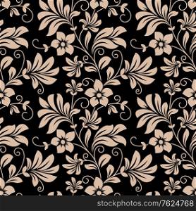Vintage floral wallpaper seamless pattern with trailing tendrils of little flowers on vertical vines with leaves in beige on black in square format. Vintage floral wallpaper seamless pattern