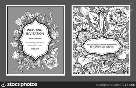 Vintage floral wedding invitation cards with text and blooming natural spring flowers in monochrome style vector illustration. Vintage Floral Wedding Invitation Cards
