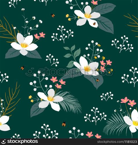 Vintage floral with tropical leaves seamless pattern on dark green background for fashion,fabric,apparel,decoration,textile,print or wallpaper,vector illustration