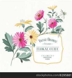 Vintage flower card print with color chrysanthemum. Vector illustration.