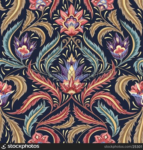 Vintage flowers seamless pattern on navy background. Traditional decorative retro ornament. Fabric, textile, wrapping paper, card background, wallpaper template.