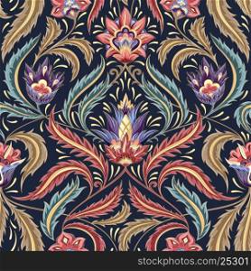 Vintage flowers seamless pattern on navy background. Traditional decorative retro ornament. Fabric, textile, wrapping paper, card background, wallpaper template.