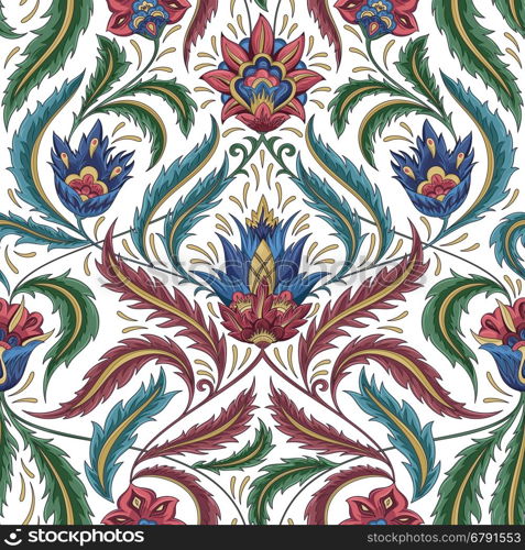 Vintage flowers seamless pattern. Traditional decorative retro ornament. Fabric, textile, wrapping paper, card background, wallpaper template on a white background.