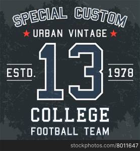 Vintage football poster. T-shirt print design. Vintage football team number 13 poster. Vector illustration.