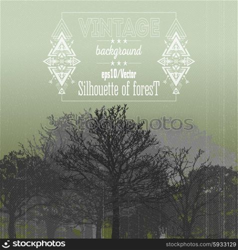 Vintage forest background with tribal style frame and place for text. Vector illustration. Vintage forest background with tribal style frame and place for text. Vector illustration.