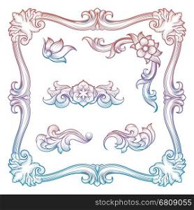 Vintage frame and decorative elements. Hand drawn vintage frame and decorative elements. Colorful baroque engraving design. Vector illustration