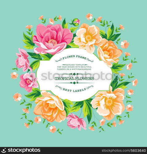 Vintage frame of yellow flowers on a blue background. Vector illustration.