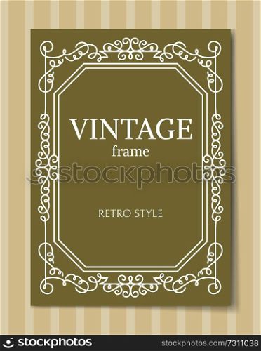Vintage frame retro baroque style curved graphic ornamental elements of white wavy lines in corners vector illustration borders on olive background. Vintage Frame Retro Baroque Style Curved Border