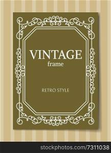 Vintage frame retro baroque style curved graphic ornamental elements of white wavy lines in corners vector illustration borders on olive background. Vintage Frame Retro Baroque Style Curved Border