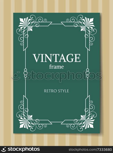 Vintage frame retro style white border isolated on blue background. Decorative frame abstract ornamental elements in corners vector illustration. Vintage Frame Retro Style White Border Isolated