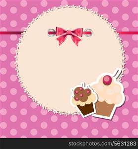 vintage frame wit bow and cute cupcakes vector illustration