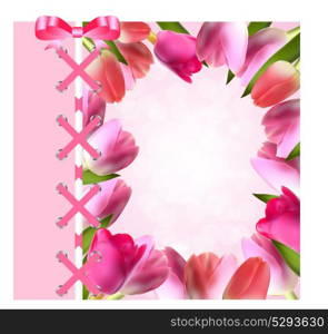 Vintage Frame with Bow, Ribbon and Tulip Folwers Background. Vector Illustration. EPS10. Vintage Frame with Bow, Ribbon and Tulip Folwers Background. Ve