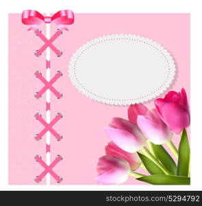 Vintage Frame with Bow, Ribbon and Tulip Folwers Background. Vector Illustration. EPS10. Vintage Frame with Bow, Ribbon and Tulip Folwers Background. Ve