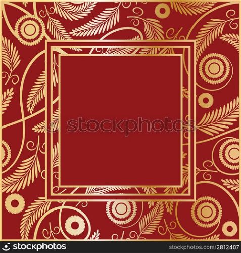 Vintage frame with gold flowers on a red background
