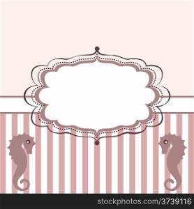 Vintage frame with seahorses. Background with stripes